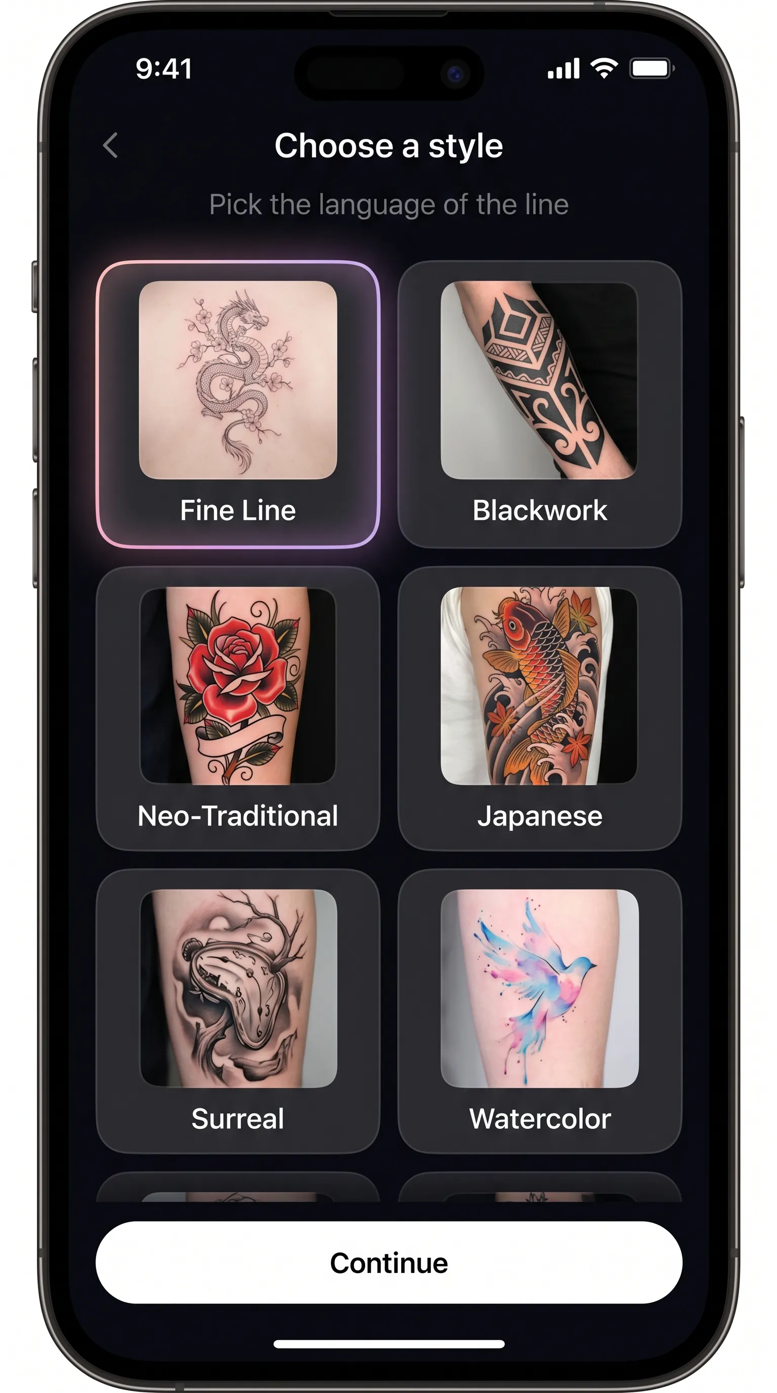 Tattoo Genie app — Pick the language of the line.